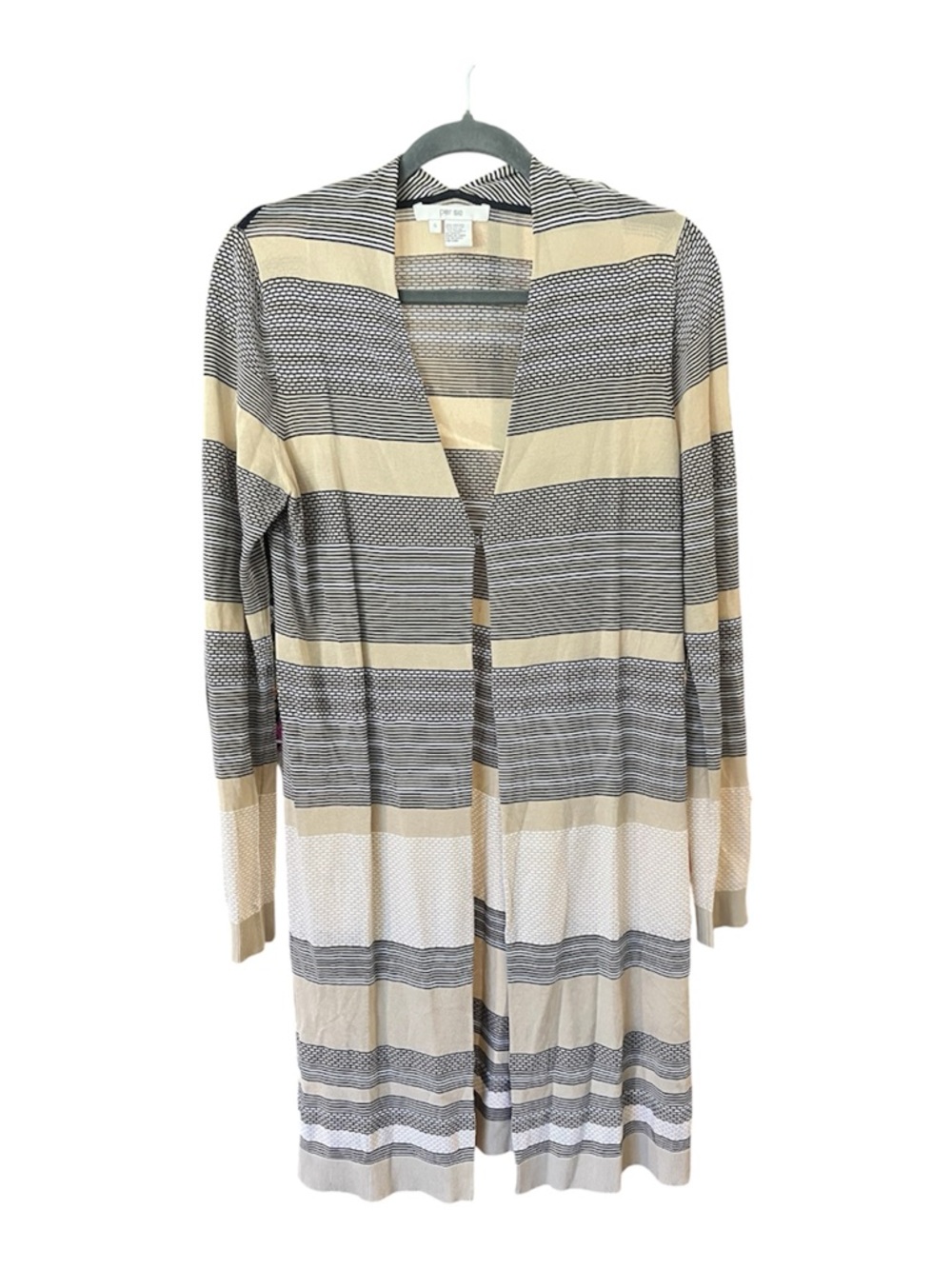 Per Se Long Open-Front Striped Cardigan - Beige, Gray & White